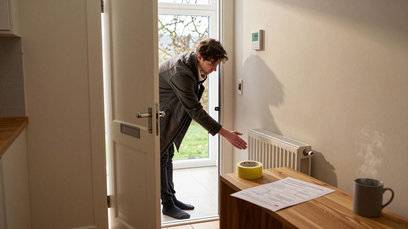 Person inspecting a radiator in a well-lit room, with a cup of tea and a roll of tape on a wooden table nearby.