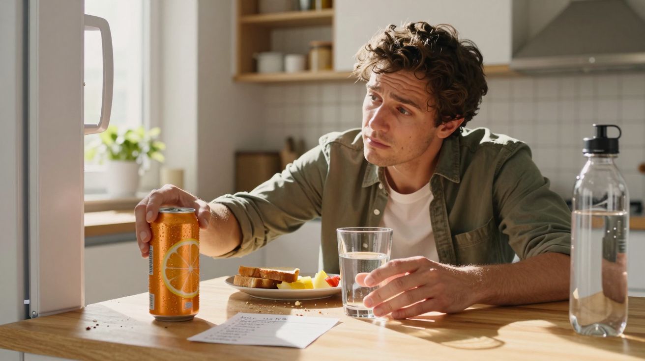 Man in kitchen holding can, sitting at table with breakfast, glass of water, and bottle.