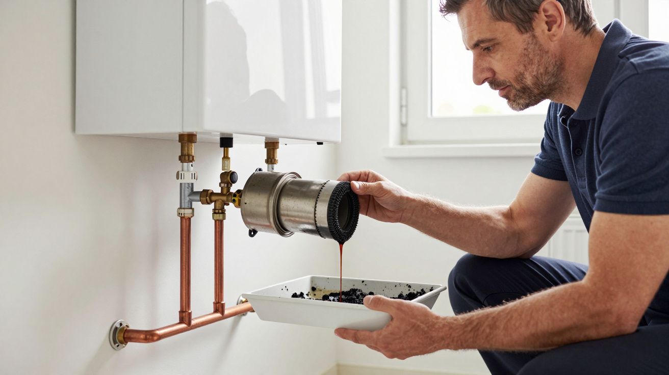 Man cleaning filter of a boiler system, pouring sludge into a tray, emphasizing maintenance and cleanliness.