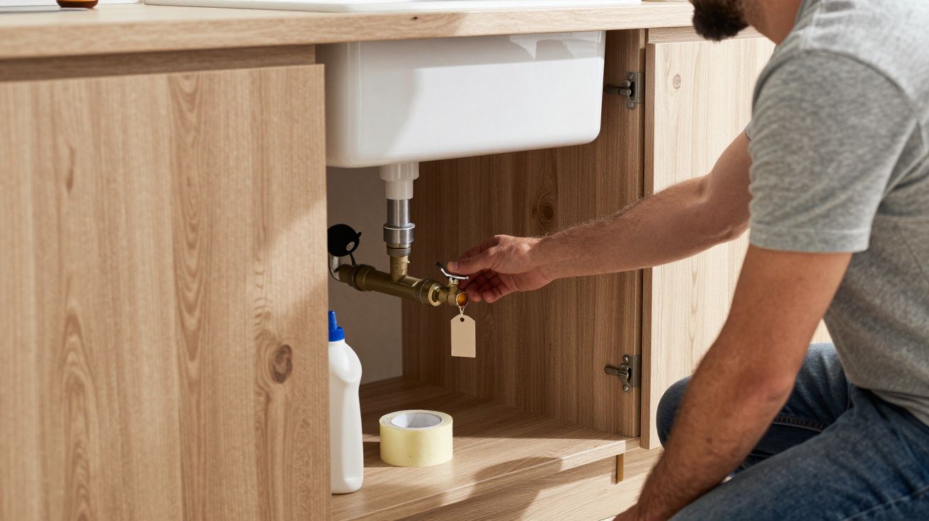 Person inspecting plumbing under a wooden sink cabinet with tools and cleaning supplies nearby.