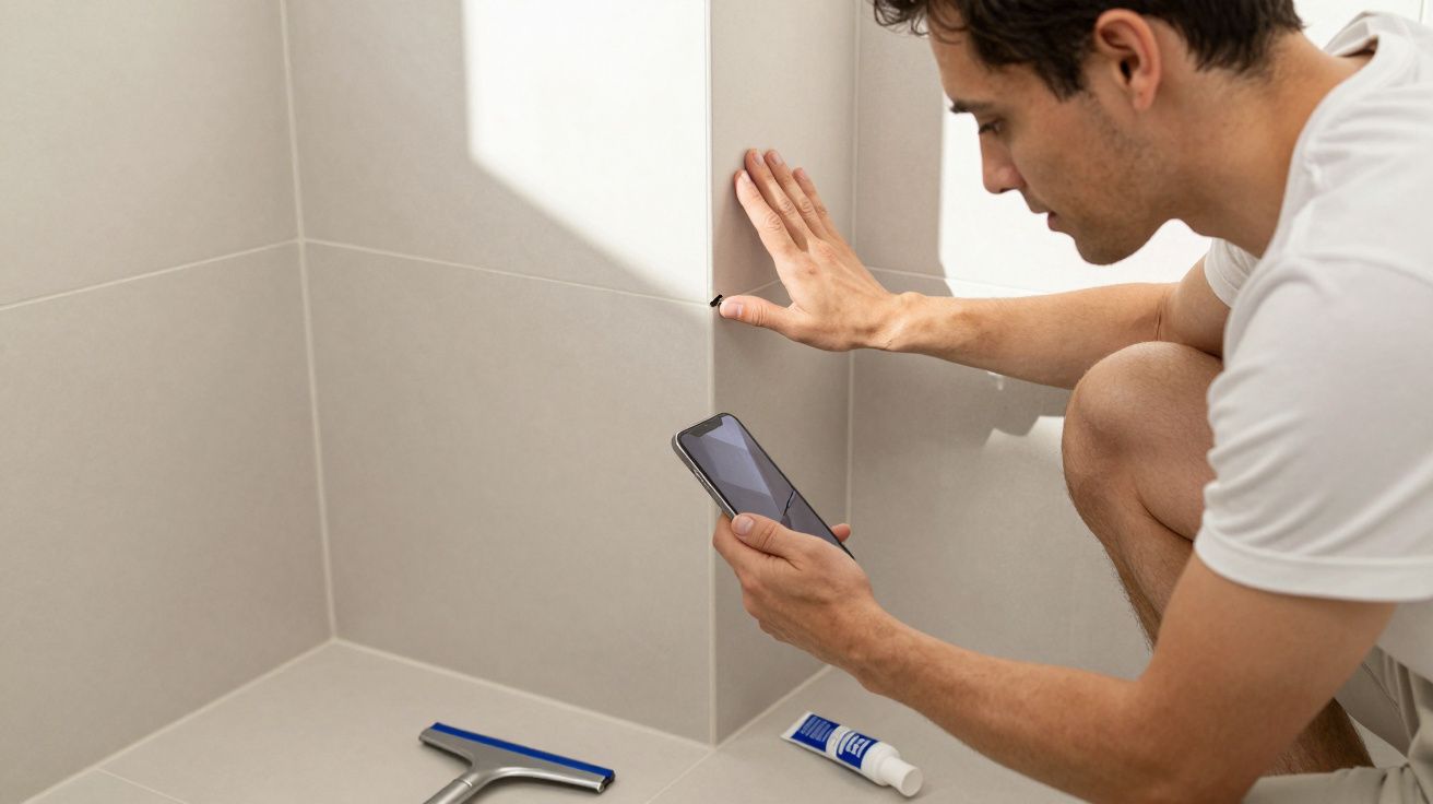 Man inspecting bathroom tiles with a smartphone, tube of sealant and squeegee nearby.
