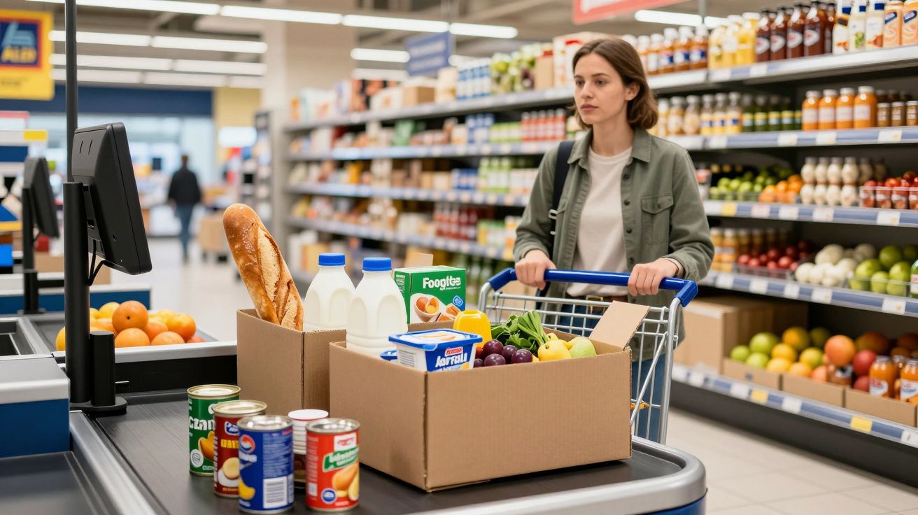 Woman with a trolley at a supermarket checkout, items include groceries like milk, baguette, fruit, and canned goods.