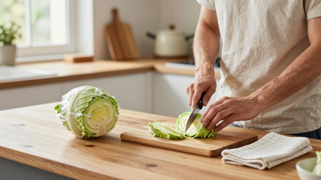 Person slicing cabbage on a wooden board in a kitchen.