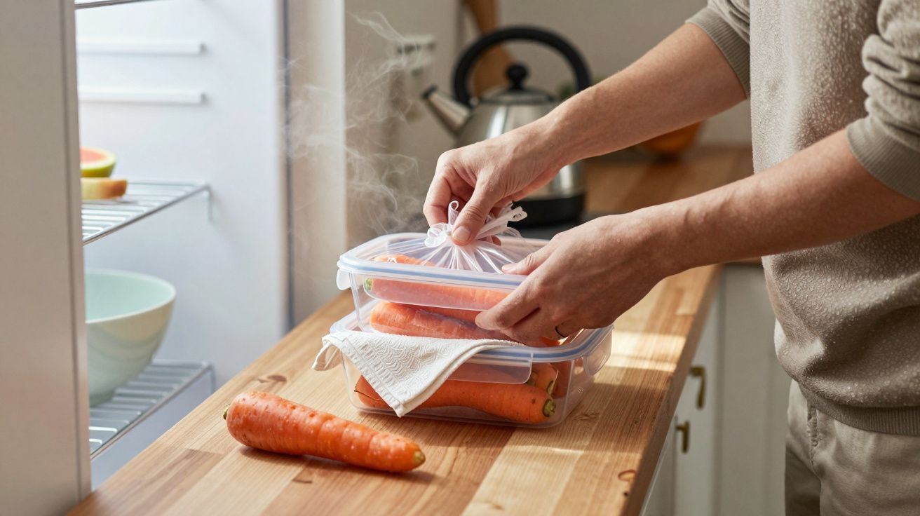 Person handling a container of steaming carrots in a kitchen, with a carrot on the counter nearby.