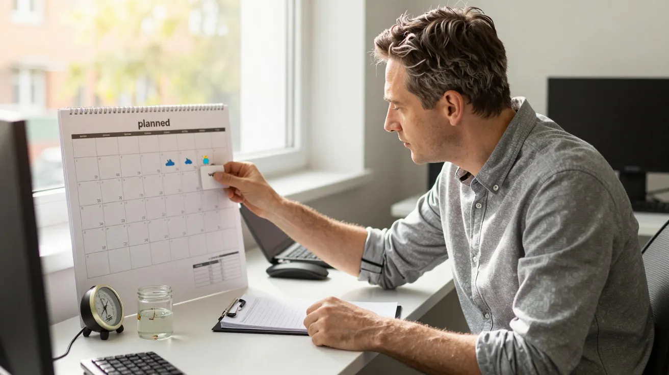 Man placing sticky note on calendar while sitting at a desk with a laptop and clipboard, by a window.