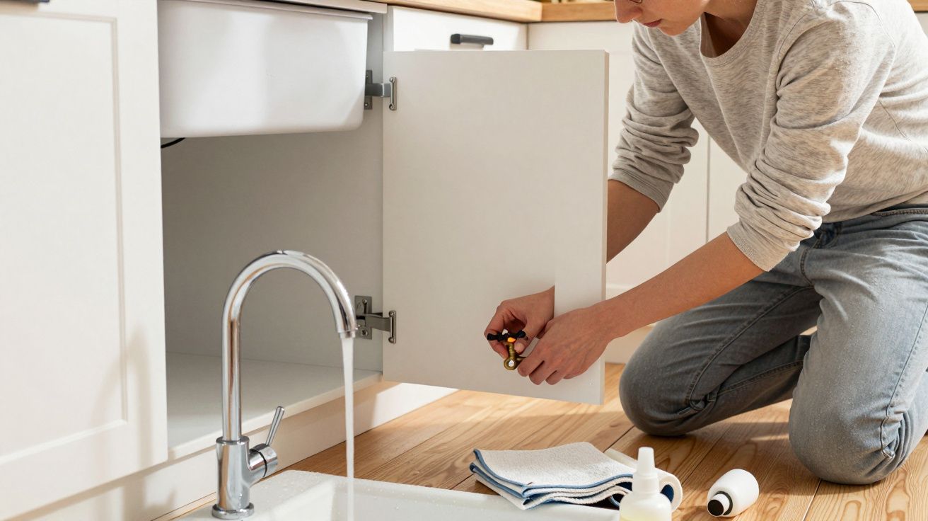 Person kneeling, repairing plumbing beneath kitchen sink with water flowing from tap nearby.