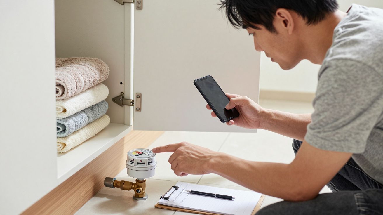 Man kneeling, reading a water meter under sink, using a smartphone, with clipboard and pen on the floor.
