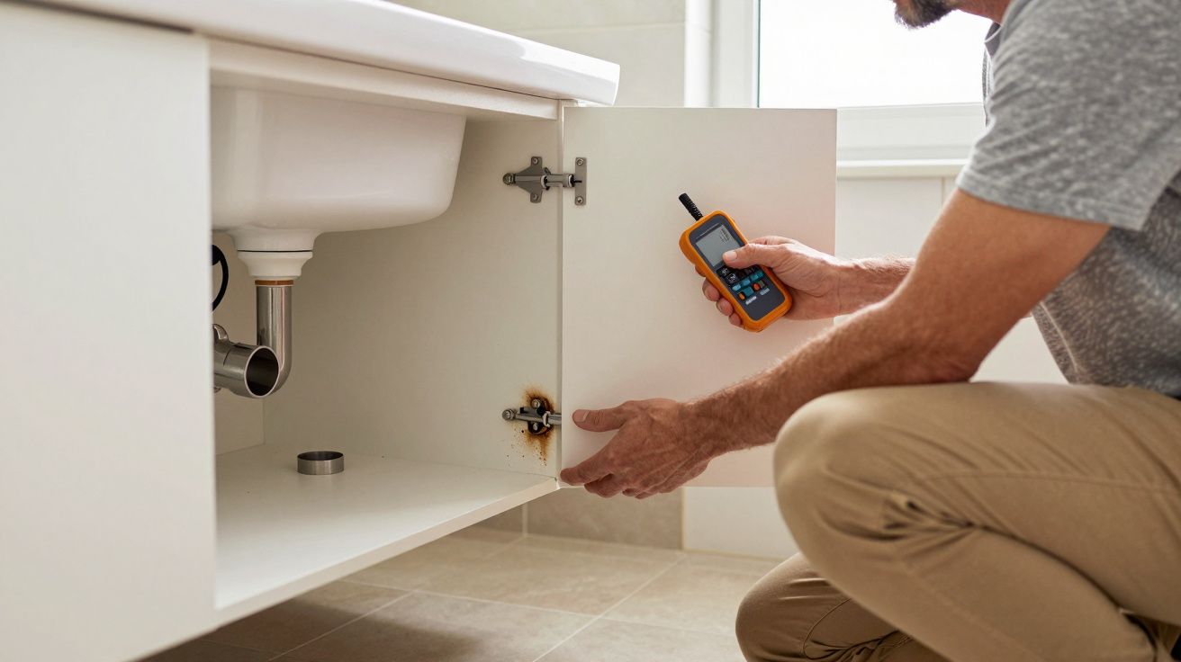 Man checking for leaks under a sink cabinet using a moisture meter.