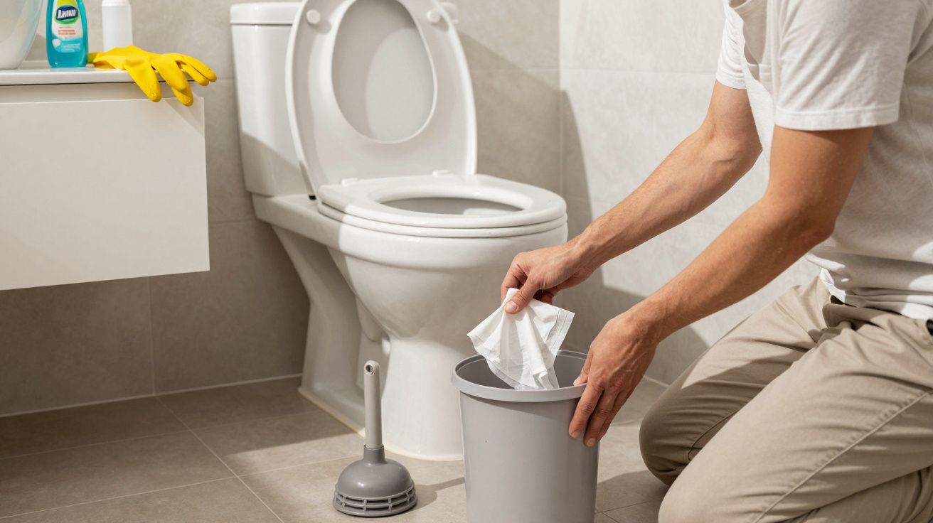 Person disposing of a sanitary product in a bathroom with a toilet, plunger, and cleaning products in view.