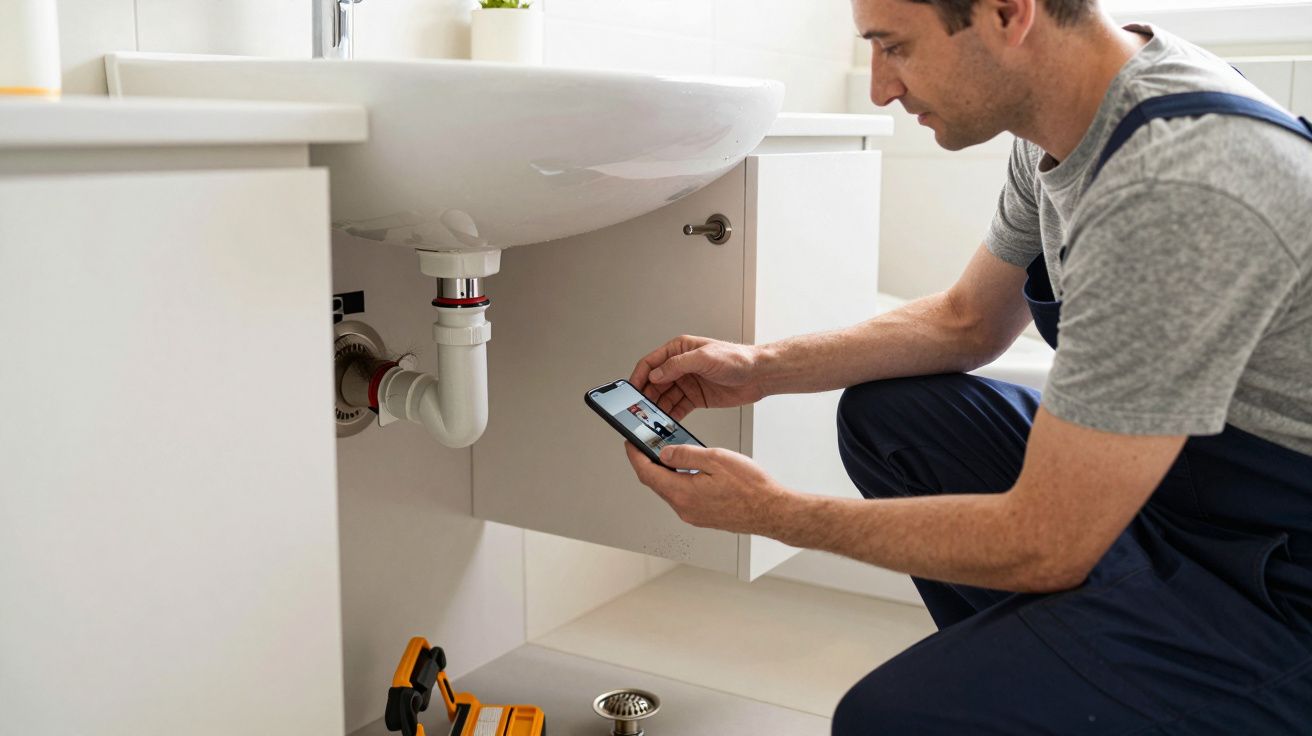 Plumber inspecting sink pipes, using smartphone for guidance in a white bathroom.
