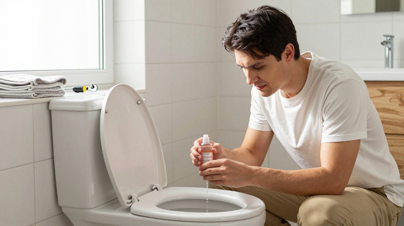 Man applying cleaner to a toilet, wearing a white shirt in a bright bathroom.