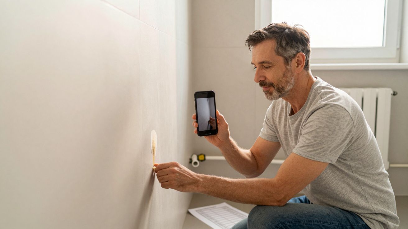 Man inspecting wall damage with smartphone in well-lit room, kneeling on floor, wearing grey t-shirt.