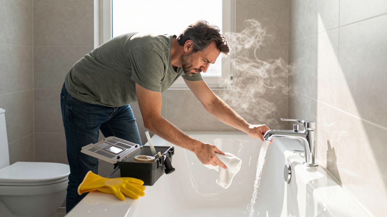 Man cleaning a steaming bathtub, holding a cloth, with a toolbox and yellow gloves nearby.