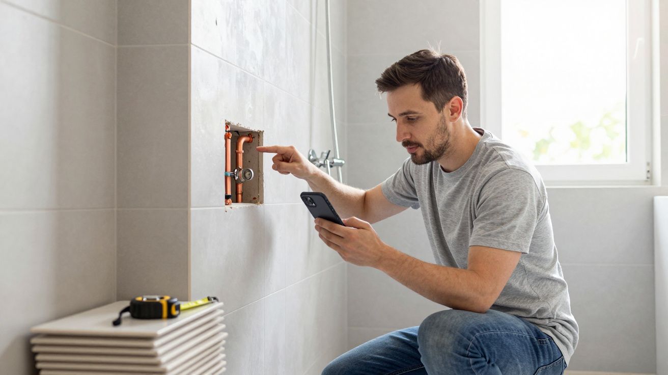 Man inspecting wall plumbing, using smartphone and tape measure, in a bright bathroom.