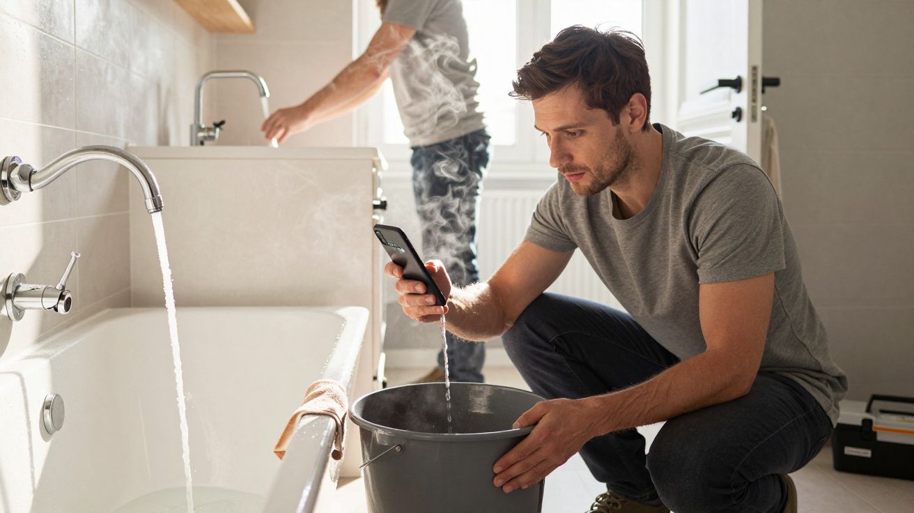 Man filling bucket from tap while using phone; another person in background near sink.