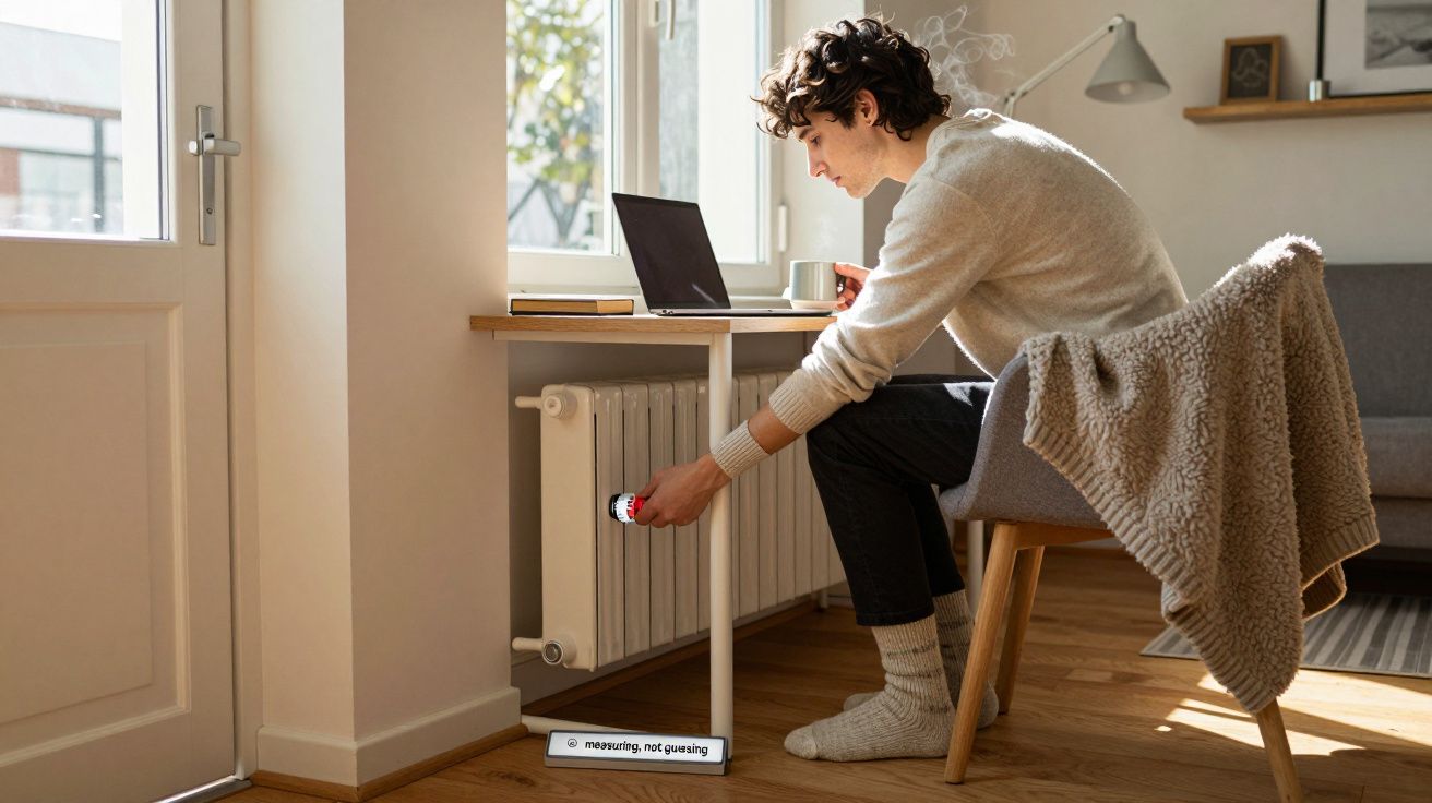 Person adjusting a radiator thermostat in a cosy living room, sitting on a chair with a laptop on a desk.