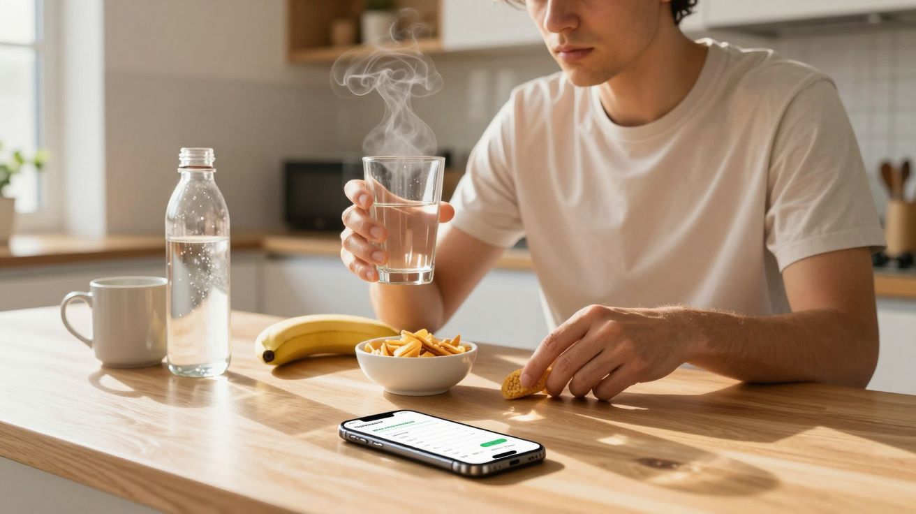 Person in white t-shirt eating crisps and holding glass of steaming water at kitchen table with phone, banana, and bottle.