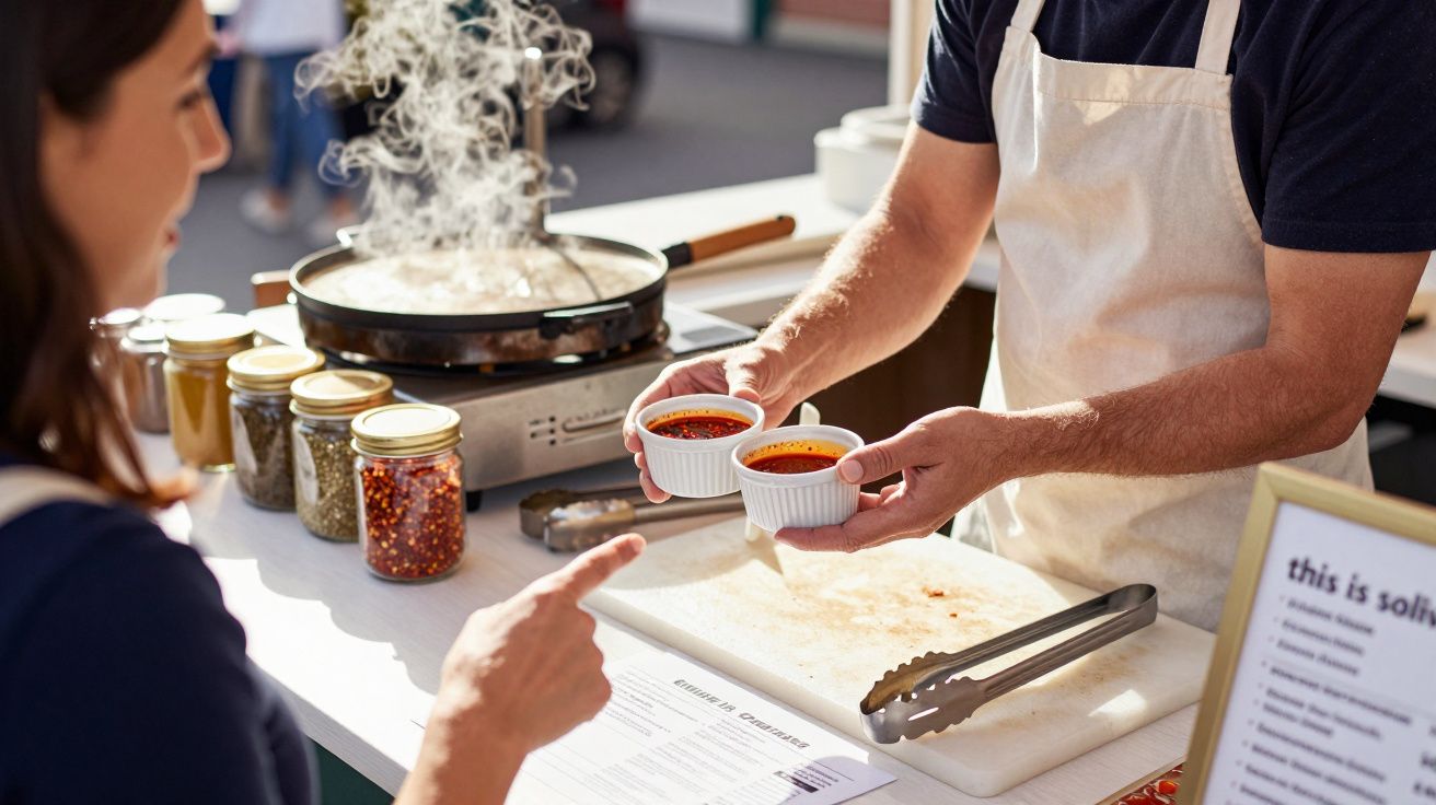 A vendor hands two bowls of soup to a customer at an outdoor market, with various spices displayed on the counter.