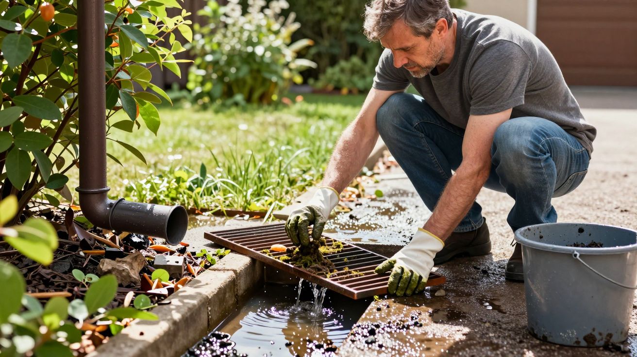 Man wearing gloves clearing leaves from a drain grate by a puddle with a bucket nearby.