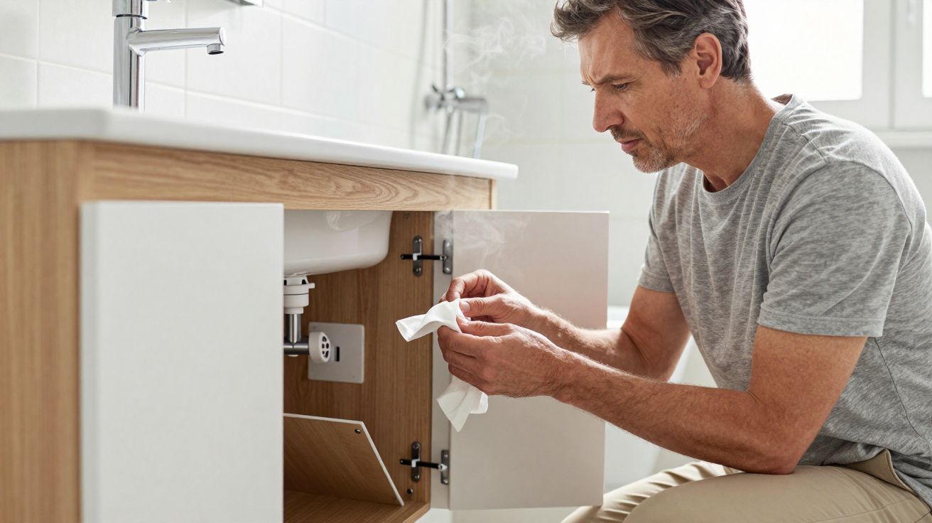 Man investigating a leak under a sink with a cloth in hand, cabinet open, and steam rising around him.