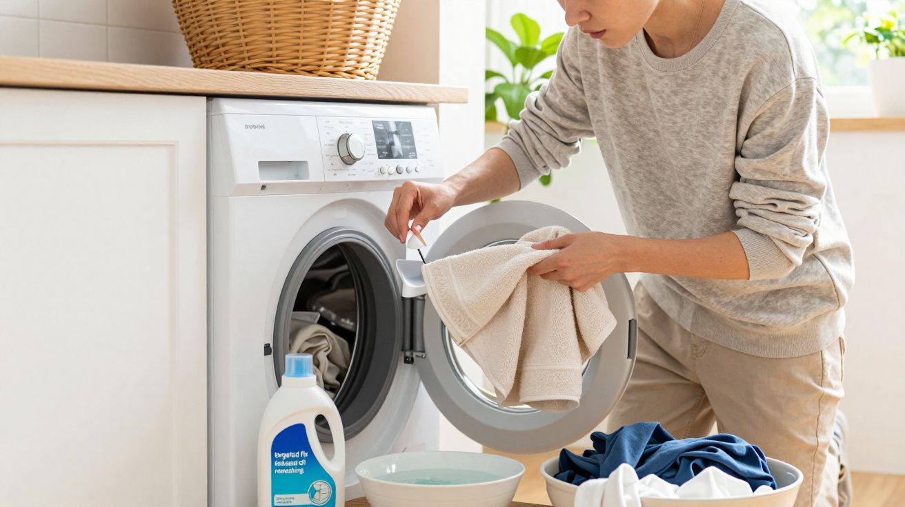 Person loading a washing machine with towels, detergent, and laundry basket nearby in a bright laundry room.