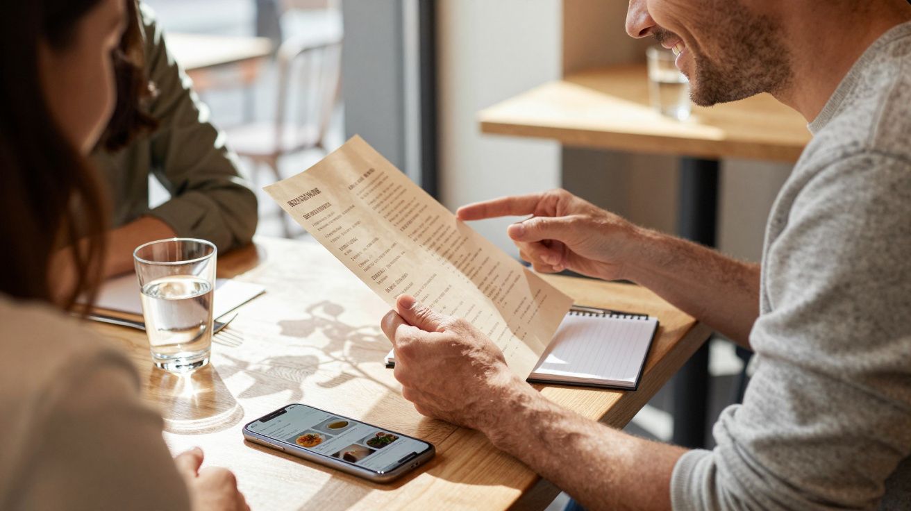Two people seated at a café table discussing a menu, with a smartphone and notepad nearby.