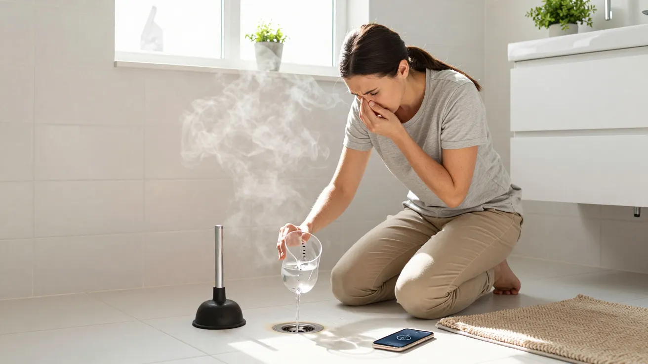 Woman covering nose, kneeling by steaming drain with a plunger on the floor in a modern bathroom.