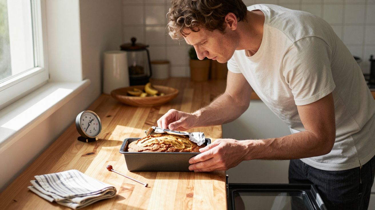 Man in white T-shirt slicing freshly baked bread in a kitchen with wooden counter and fruit bowl.