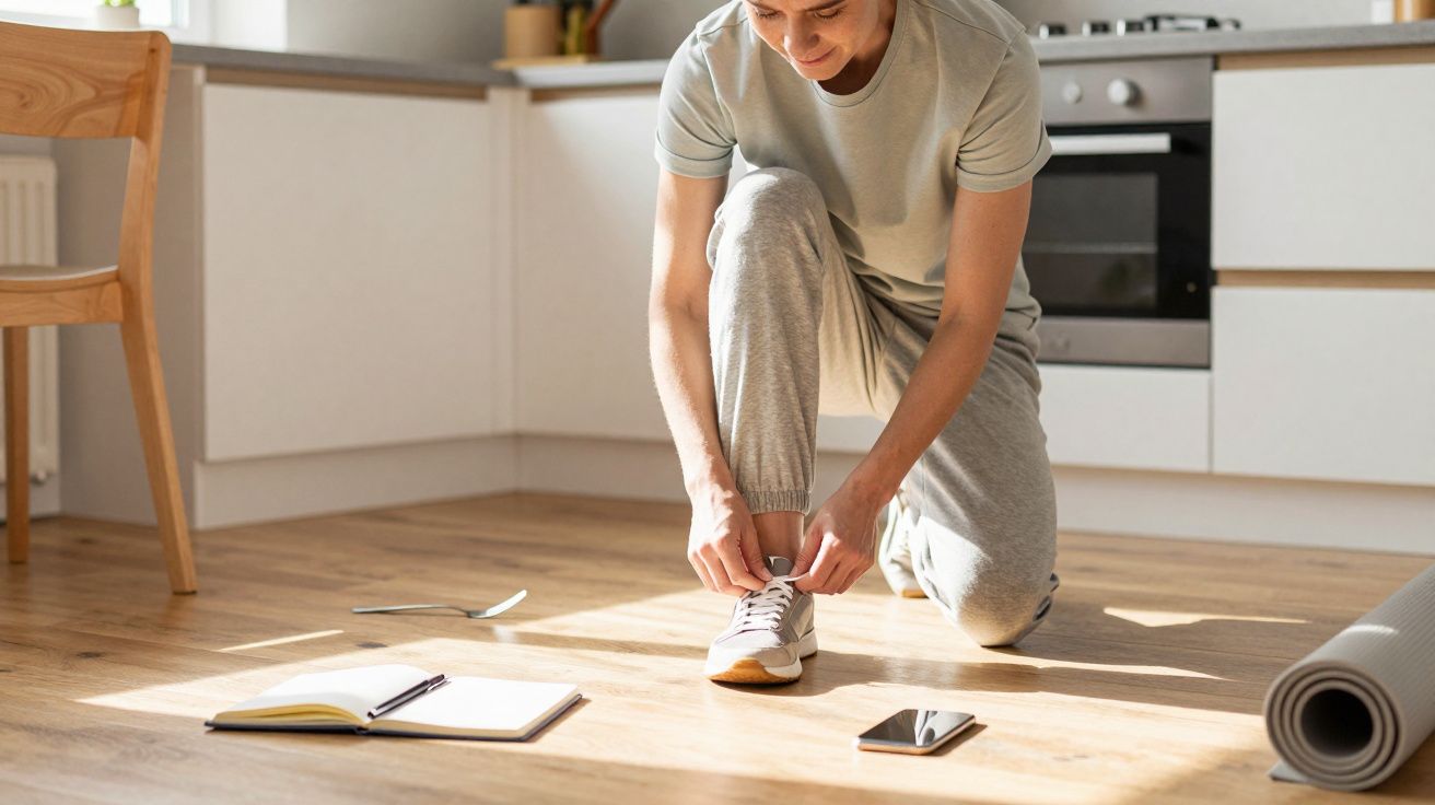 Person tying trainers in a bright kitchen with open notebook, smartphone, and yoga mat on the floor.