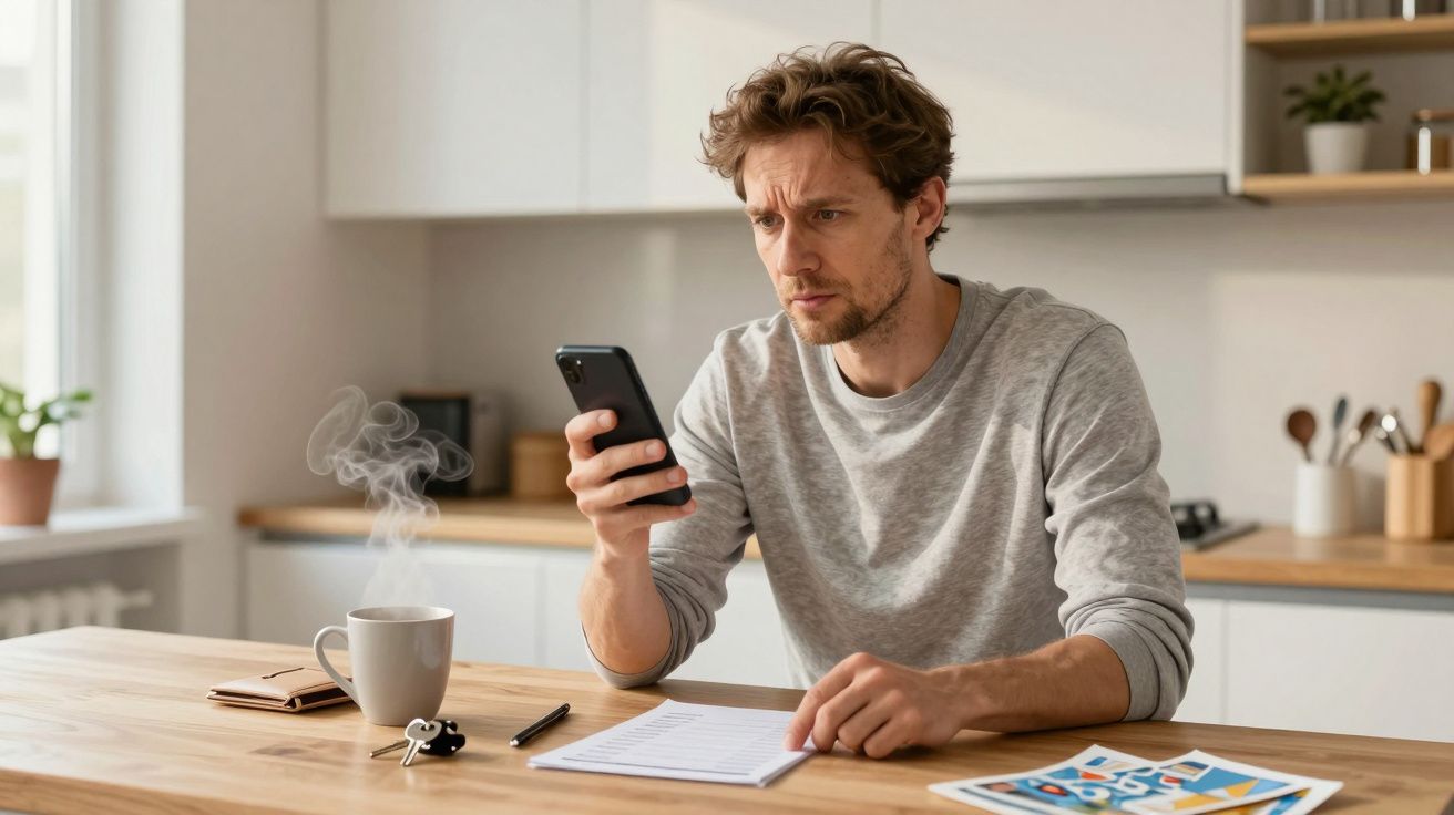 Man in grey jumper looks intently at smartphone at kitchen table, with coffee mug and papers nearby.