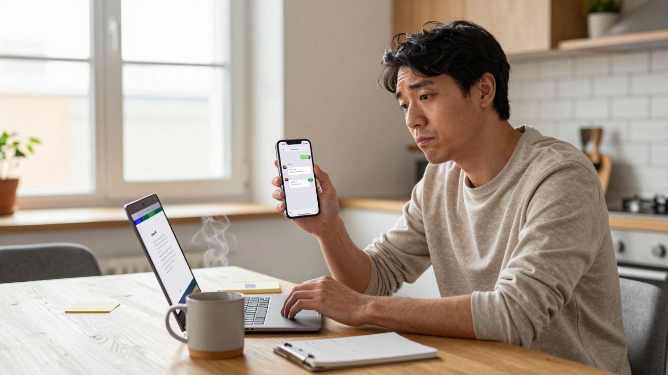 Man checks phone and laptop at kitchen table, with a cup and notepad nearby.