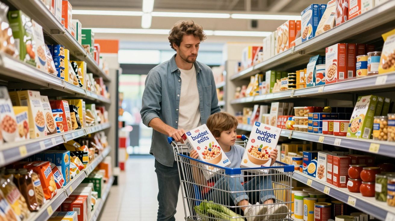 Man pushing trolley with child in grocery aisle, surrounded by shelves of cereal and pantry items.