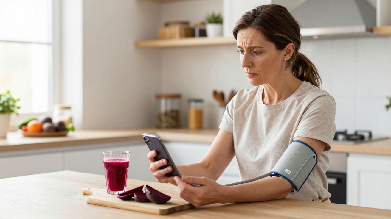 Woman checking smartphone with blood pressure cuff on arm, sitting at kitchen table with beetroot juice and sliced beetroot.
