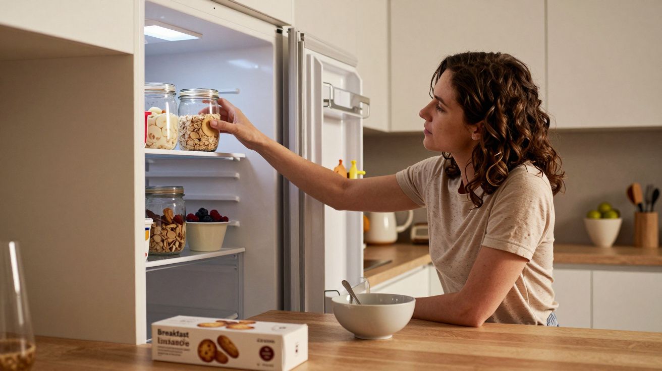 Woman in kitchen reaching for jar in fridge, surrounded by snacks and fruit on counter.
