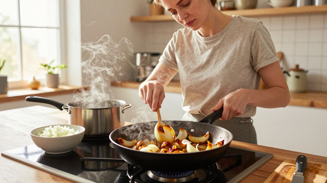 Woman cooking onion in a pan on a stove, with steam rising and a pot in the background.