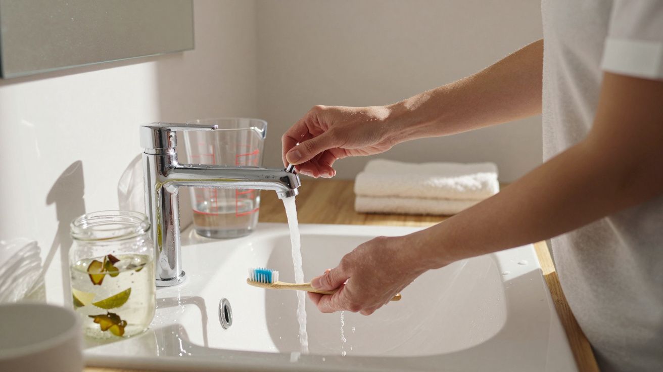 Person rinsing a toothbrush under running water at a bathroom sink, with a jar and towel nearby.