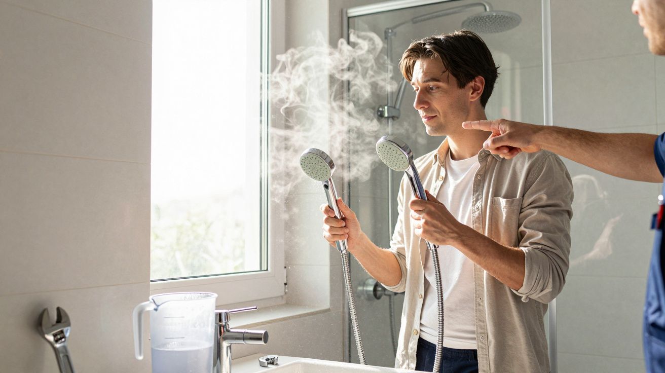 Man holding twin shower heads with steam, standing by a window in a bathroom, assistant pointing at the shower heads.