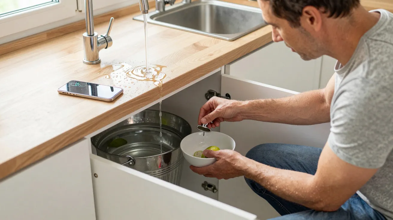 Man fixing a leaking kitchen sink under a wooden countertop with a phone nearby.