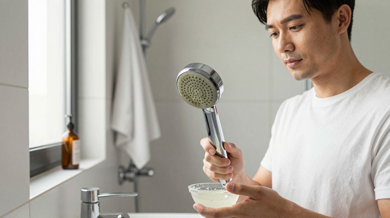 Man in white t-shirt holds shower head and measures water in a bowl in a bathroom.