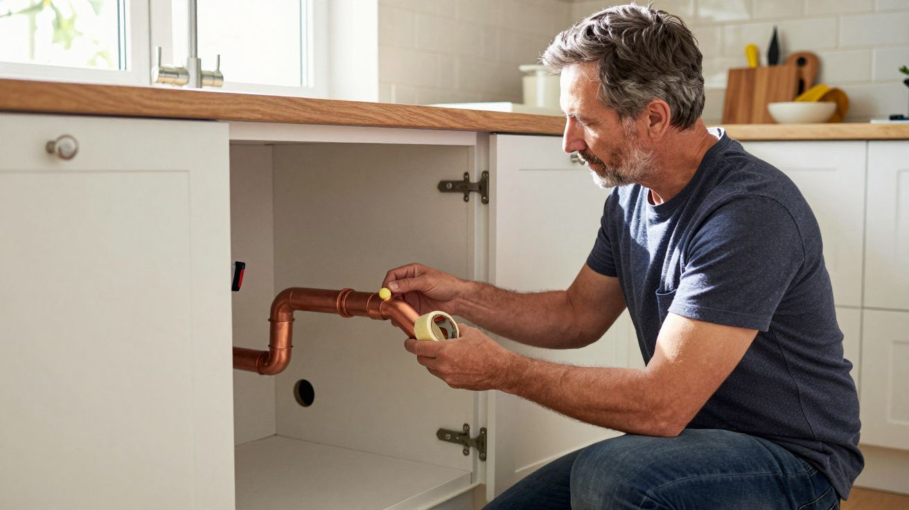 Man repairing plumbing under kitchen sink, using tools and tape.