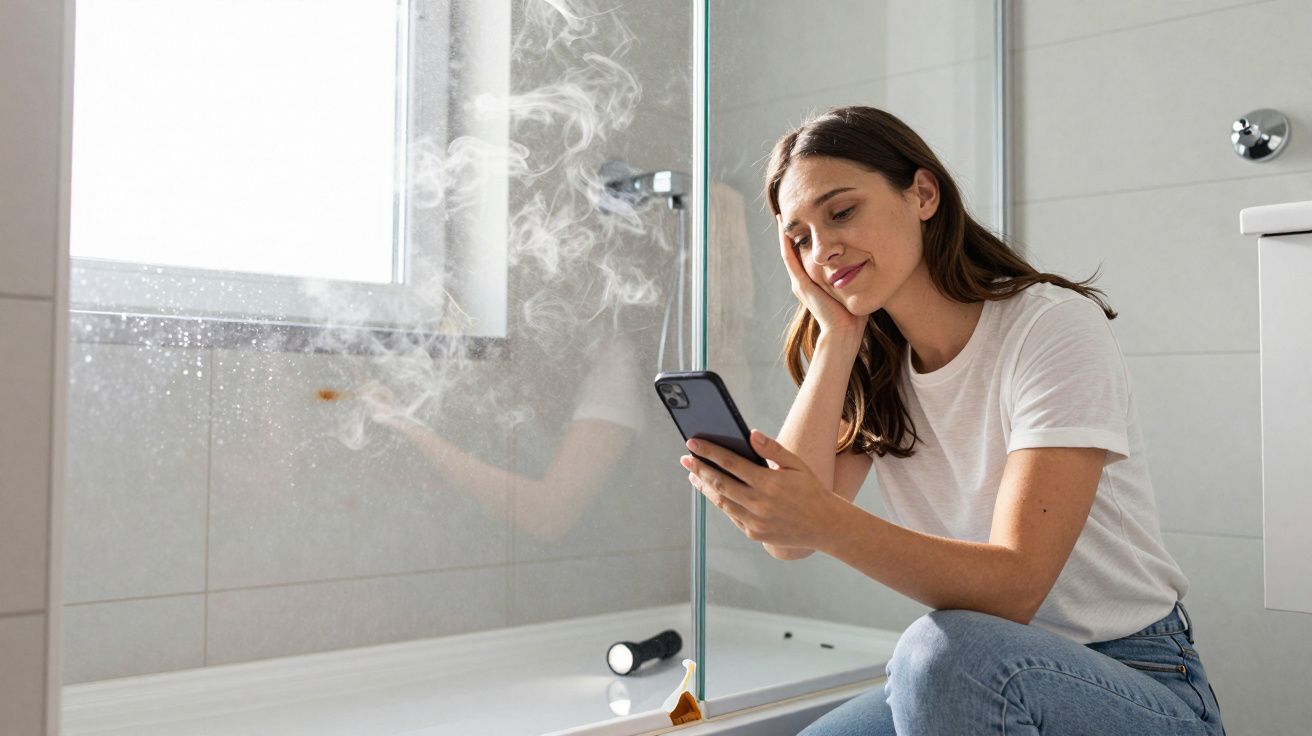 Woman sitting by misty shower screen, using smartphone, looking thoughtful; modern bathroom setting.