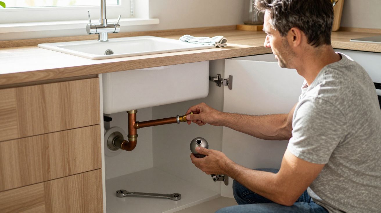 Man fixing a kitchen sink pipe under the counter with a wrench nearby.