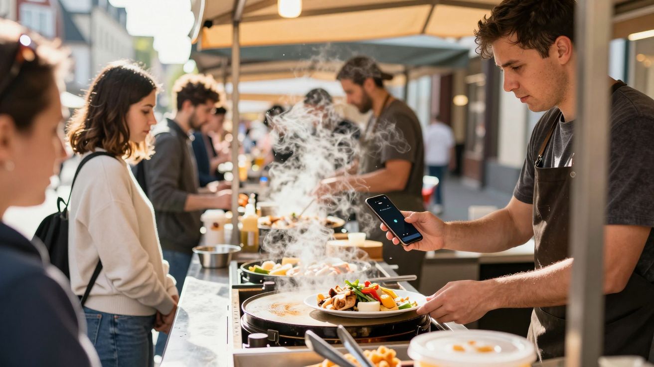 Street food vendor cooking and using a smartphone, with customers waiting in line at an outdoor market stall.