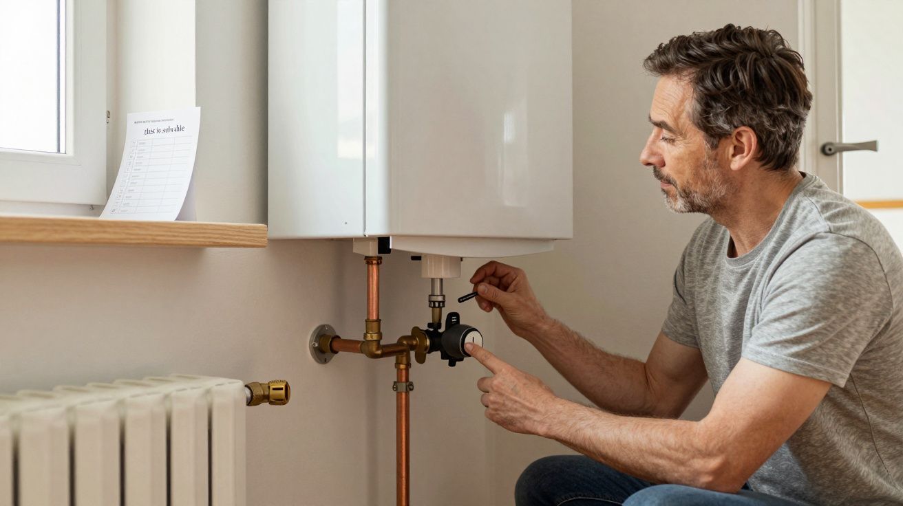 Man in grey shirt adjusting a valve under a white boiler, with radiator and instructional paper on windowsill nearby.