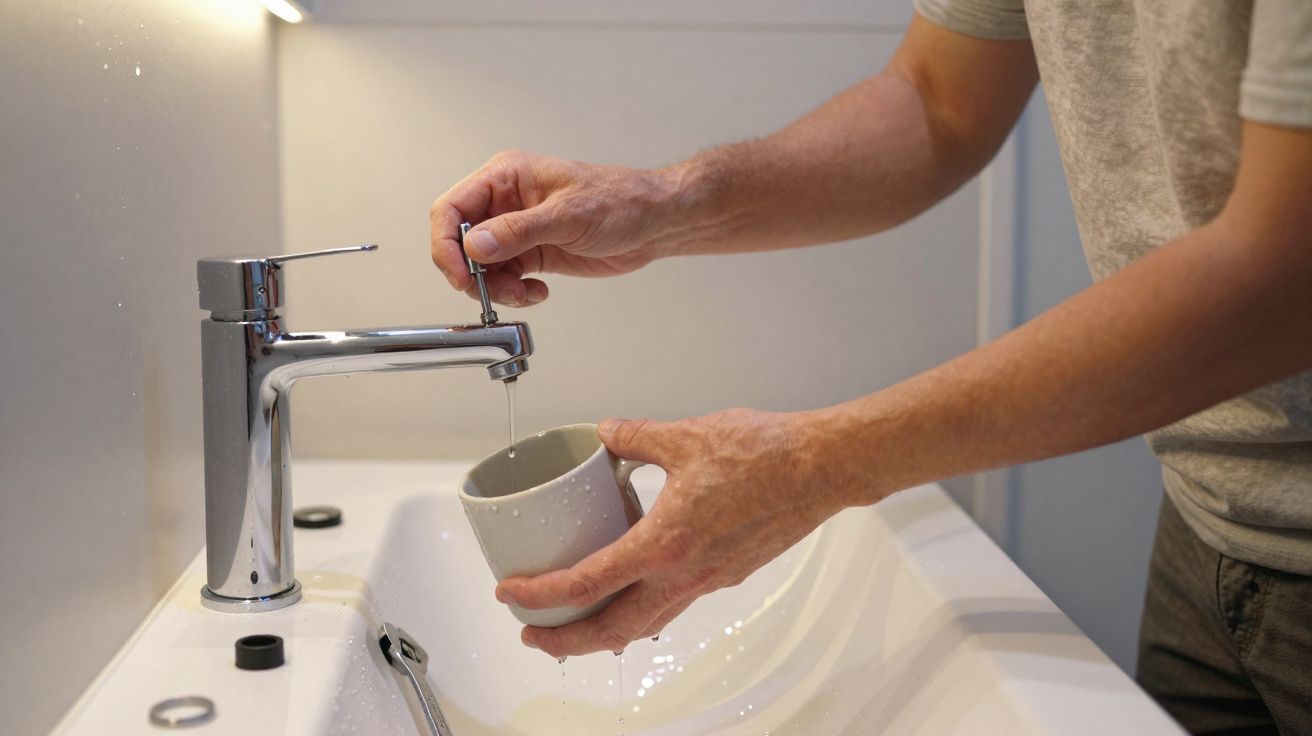 Person fixing a tap, holding a wrench in one hand and a mug under leaking faucet in a bathroom sink.