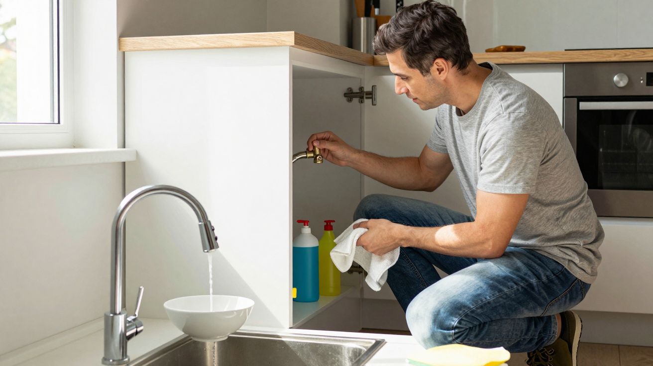 Man fixing kitchen sink pipe, kneeling by open cupboard, tools and cleaning products nearby.