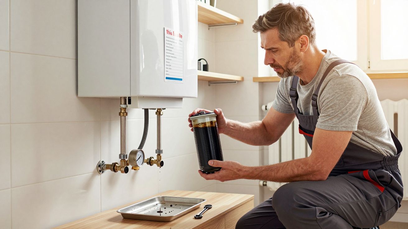 Man in overalls checks water heater filter in a bright kitchen, with a drip tray on the wooden counter below.