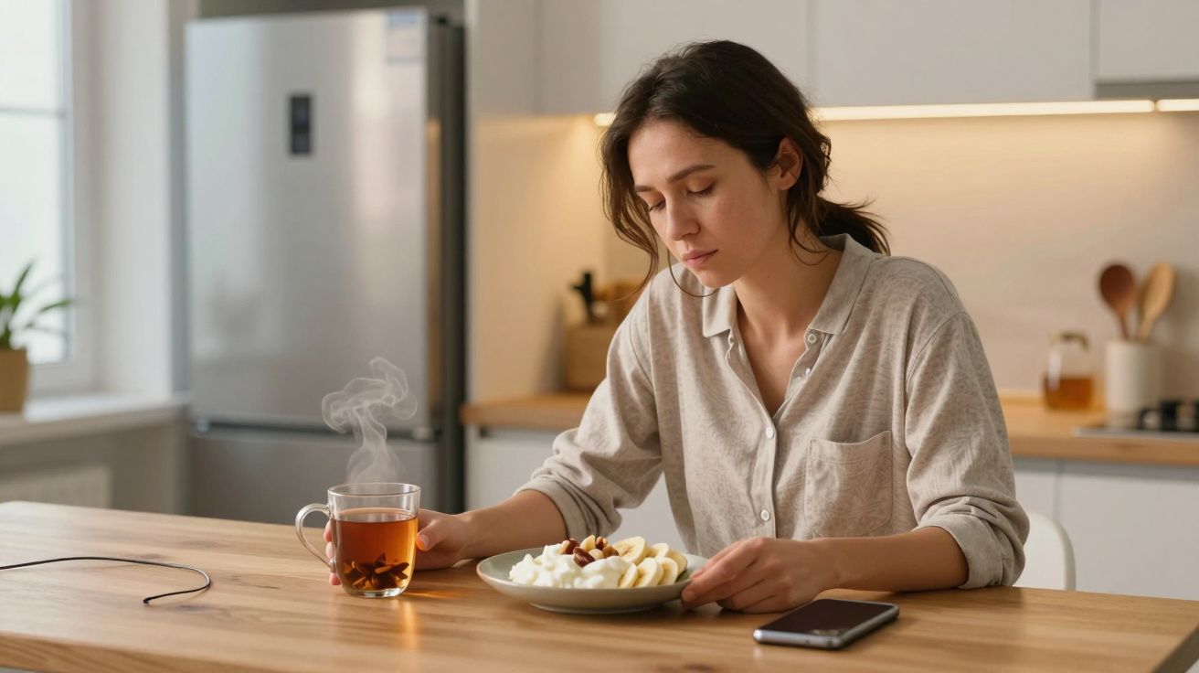 Woman seated in kitchen eating breakfast with a cup of tea, looking reflective.