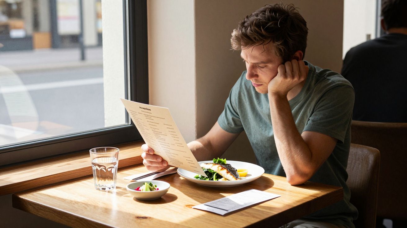Man sitting at a table by a window, reading a menu with a plate of food, a salad, and a glass of water in front of him.