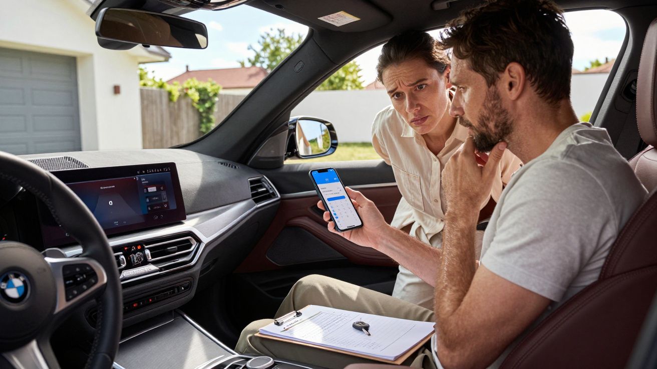 Two people in a car reviewing information on a smartphone, with car keys and a clipboard on the passenger seat.